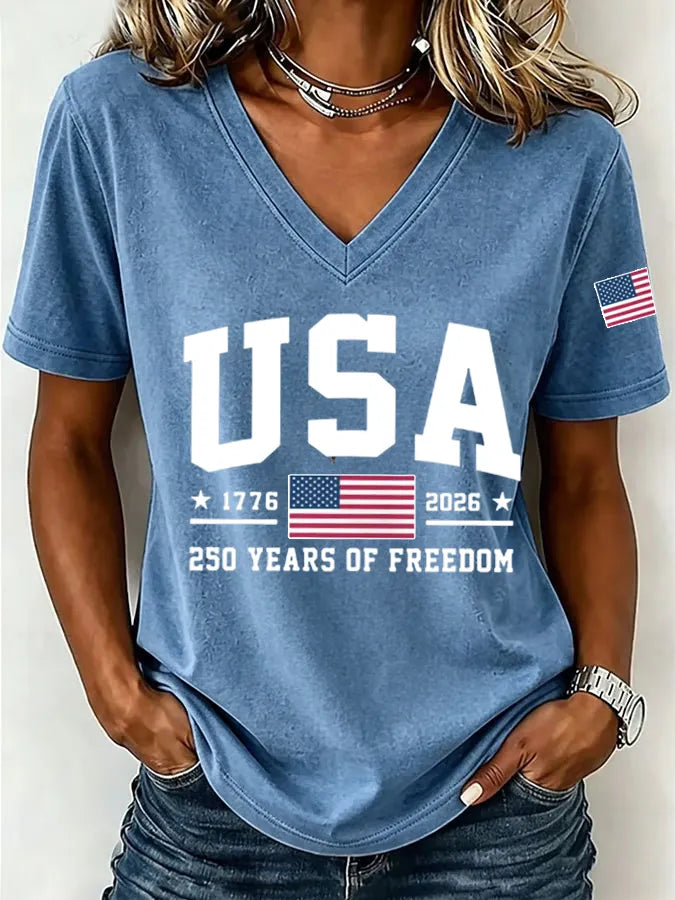 Women's America Flag Floral Print Casual V-Neck T-Shirt