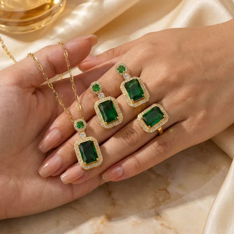 Dianna™ | Emerald Necklace, Earrings & Ring Set