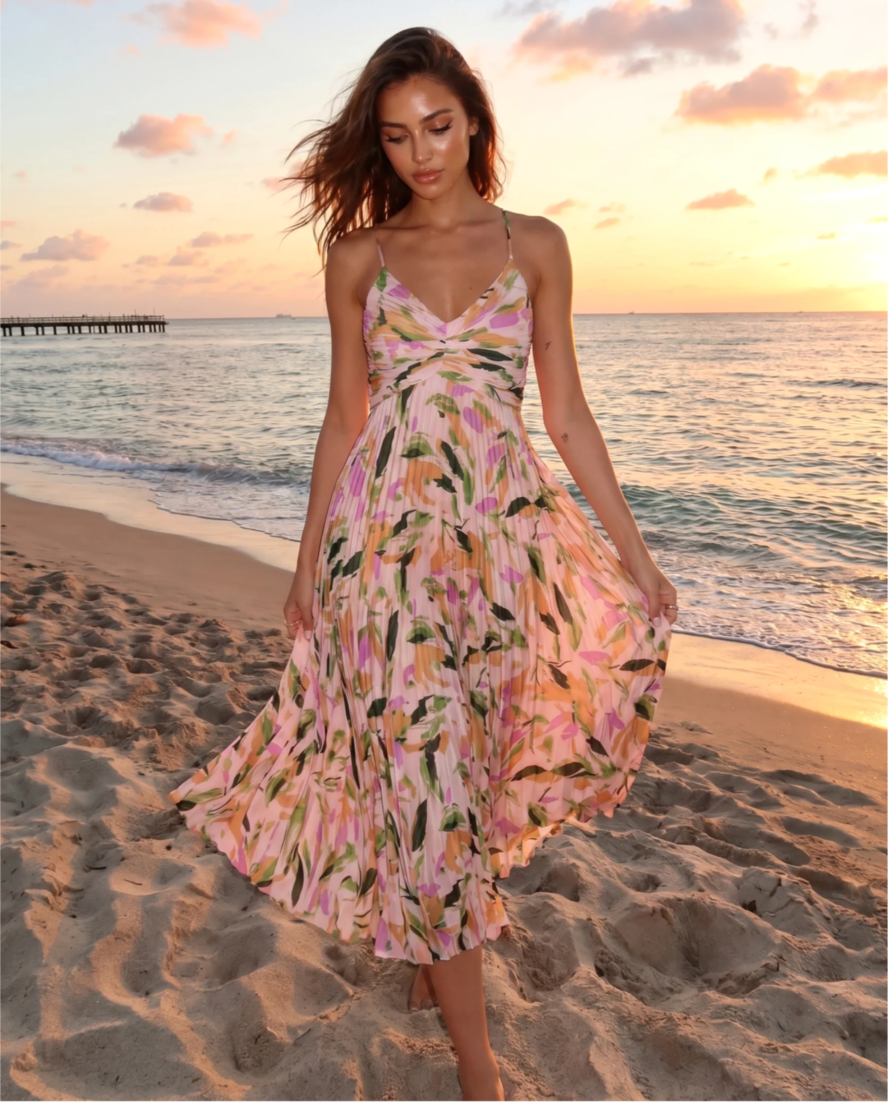 Hannah™ | Multicolor Abstract Floral Pleated Midi Dress