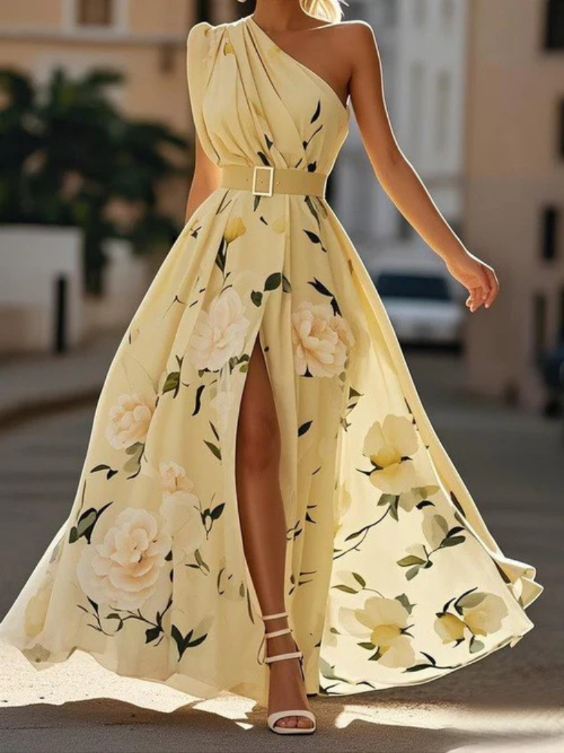 Eleanora™ | Floral Asymmetrical Shoulder Chiffon Maxi Dress