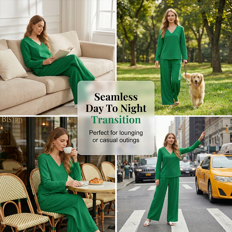 Amber | Women's V-Neck Lounge Set with Wide-Leg Pants