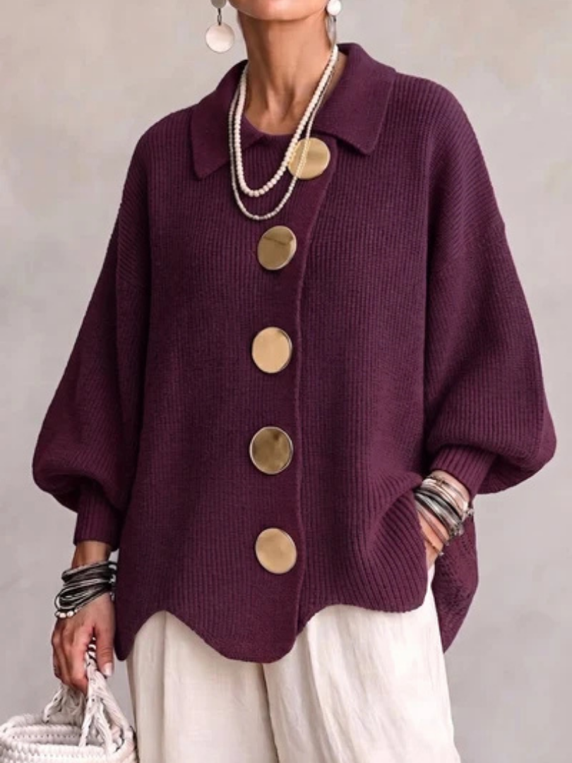 Michele™ | Oversized Collared Cardigan With Large Metal Buttons