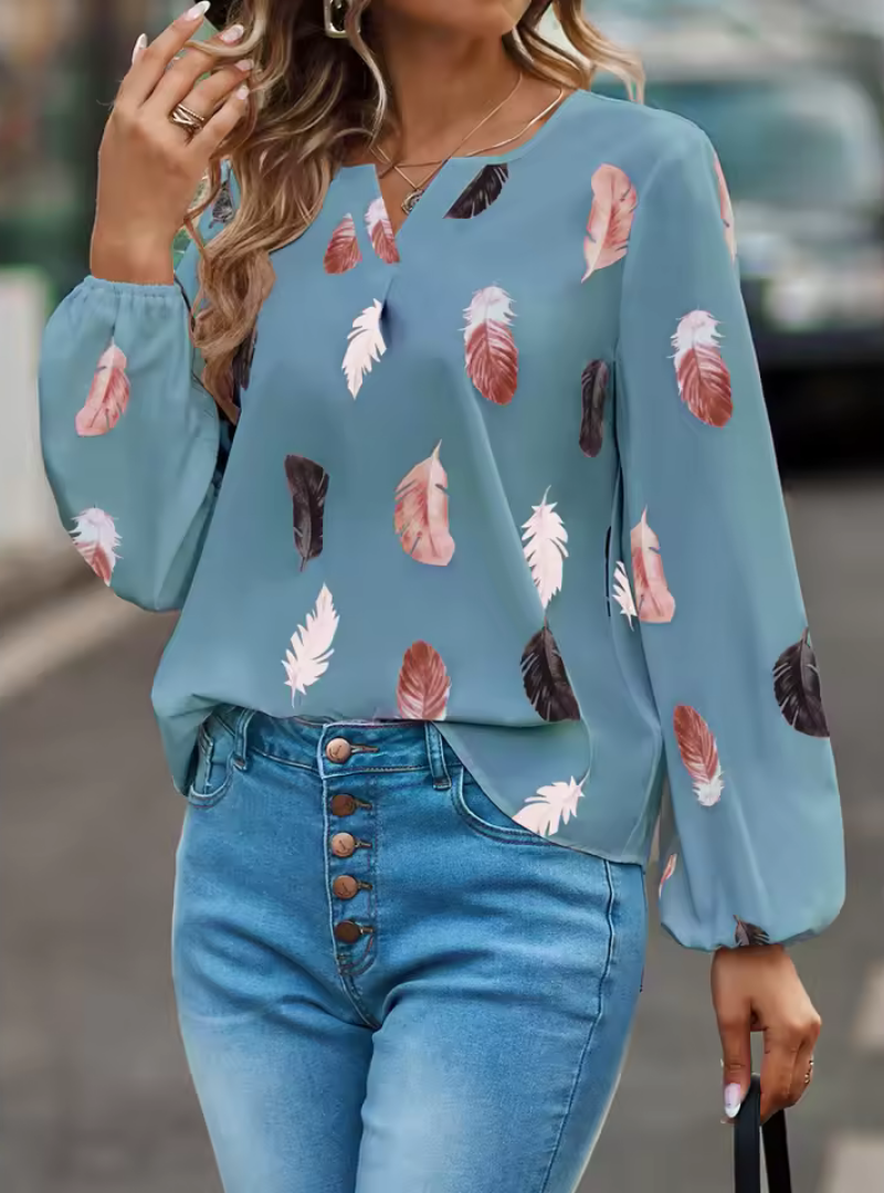 Caelina™ | Long Sleeve Feather Pattern Blouse