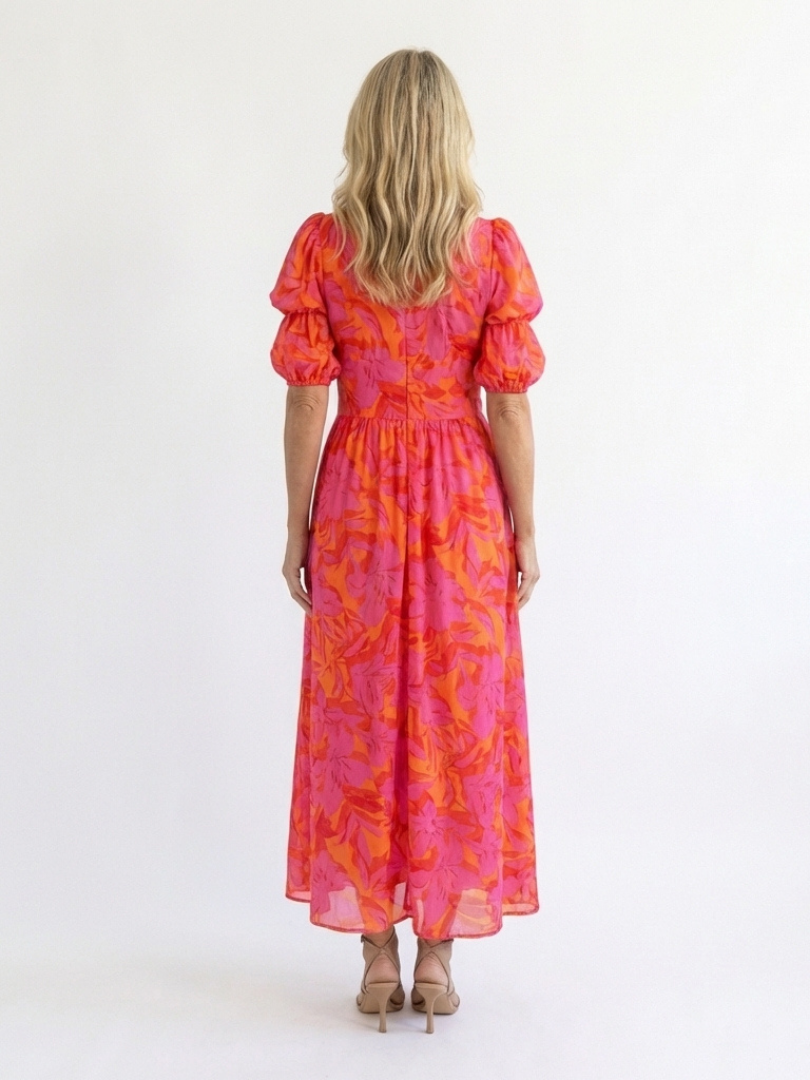 Monica™ | Floral V Neck Puff Sleeve Midi Dress