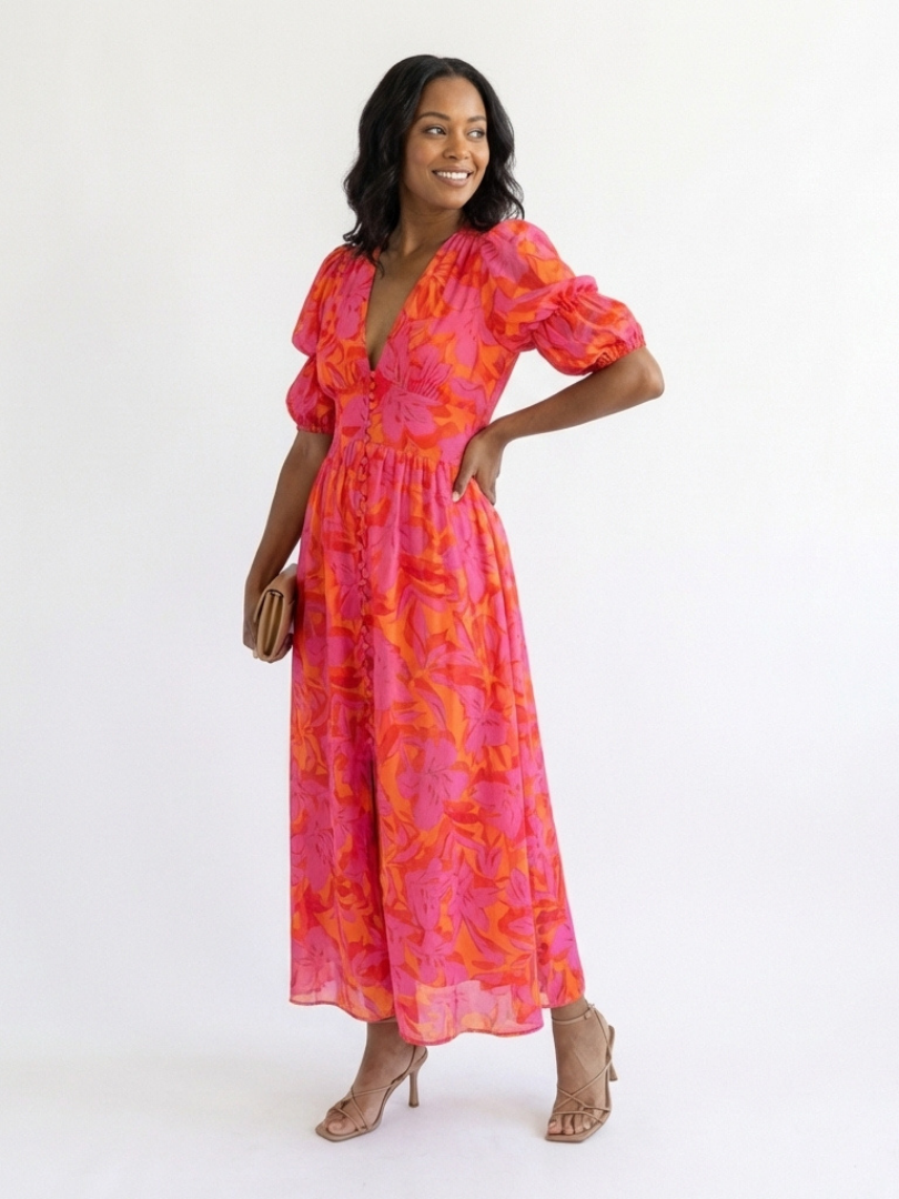 Monica™ | Floral V Neck Puff Sleeve Midi Dress