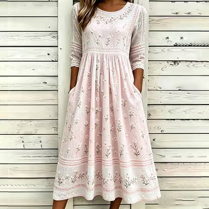 Vintage White Cherry Blossom Art And Lace Art Light Pink Cotton Linen Loose Round Neck Dress