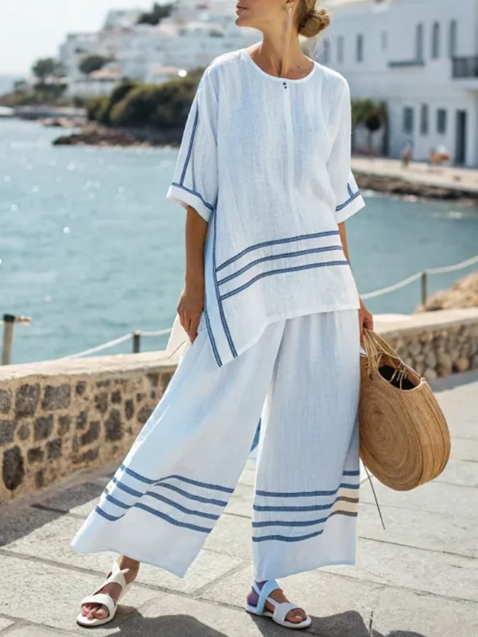 Women'S Loose Slit Irregular Striped Pants Set
