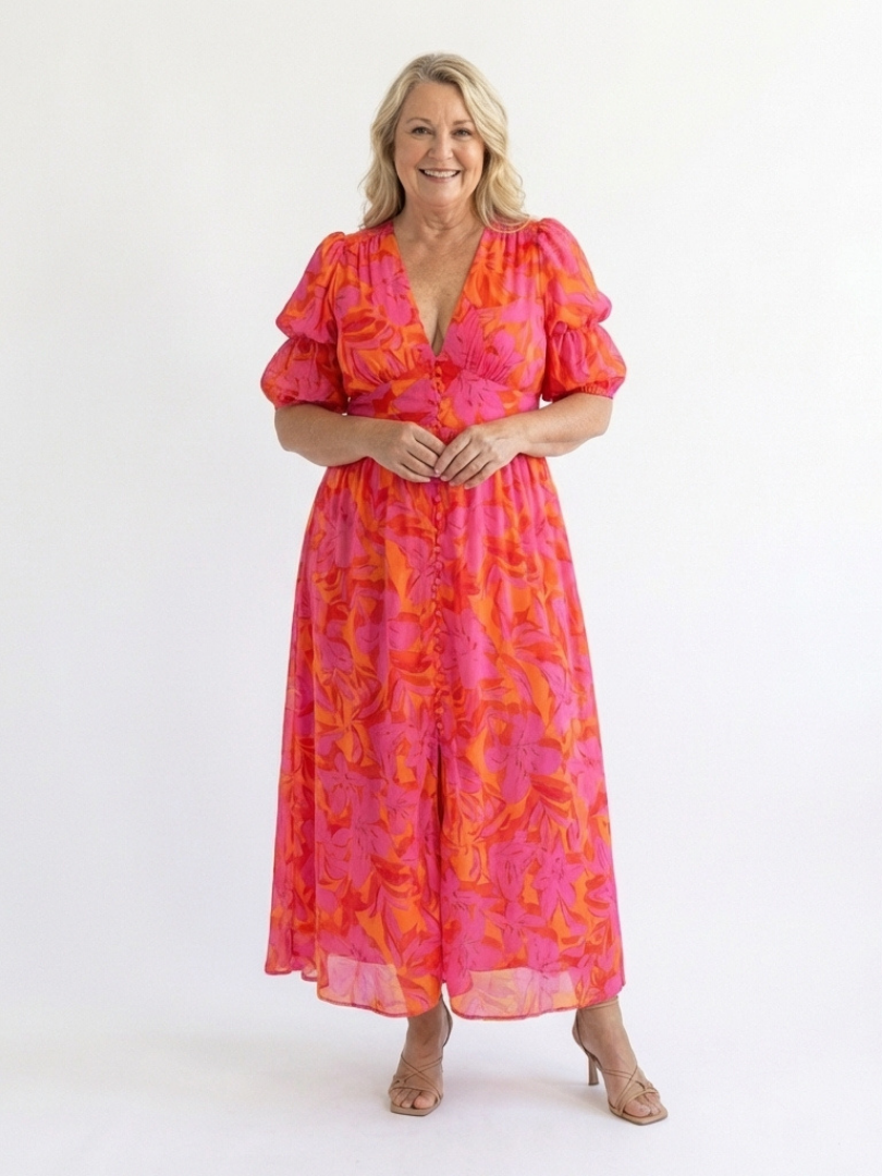 Monica™ | Floral V Neck Puff Sleeve Midi Dress