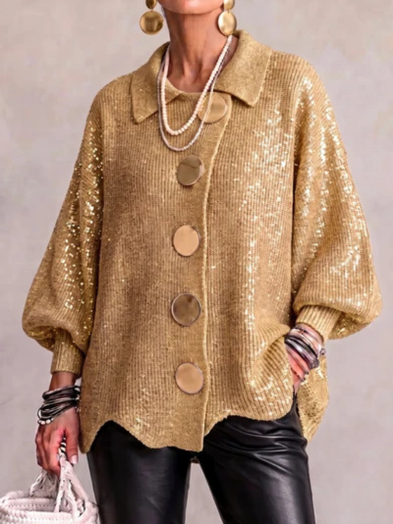 Michele™ | Oversized Collared Cardigan With Large Metal Buttons