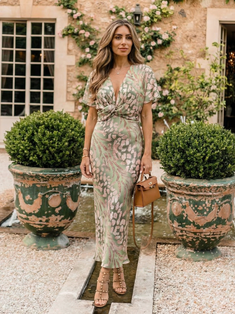 Kendra™ | Abstract Print V Neck Twist Waist Midi Dress