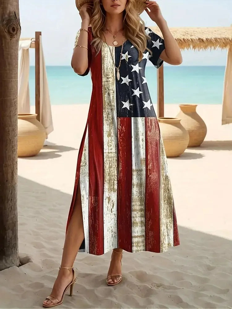Womens Independence Day American Flag Classic Midi Dress