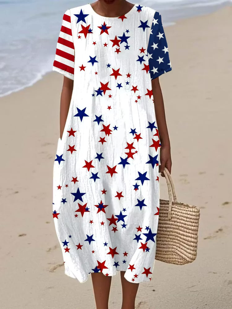Women's Independence Day Irregular Star Pattern Short Sleeve Cotton Pocket Wrap Dress