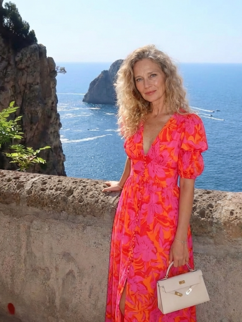 Monica™ | Floral V Neck Puff Sleeve Midi Dress