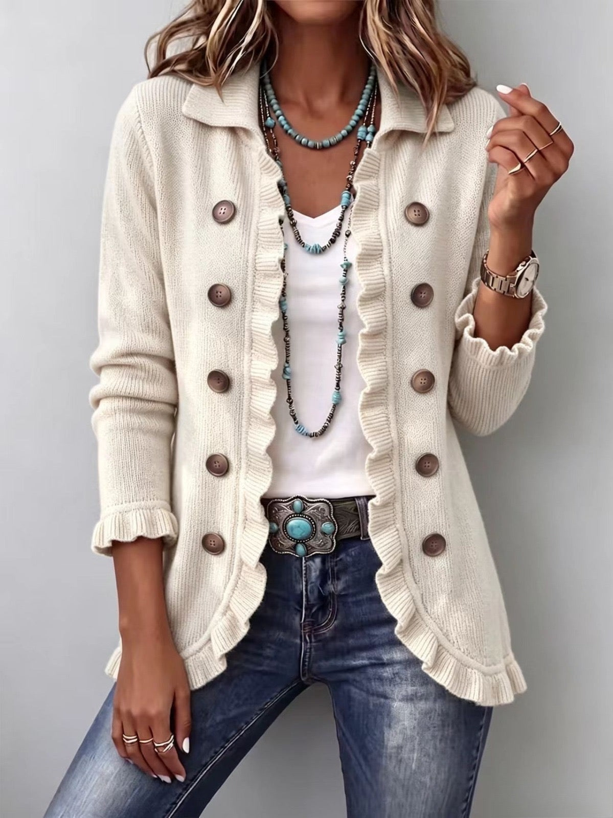 Adelina | Ivory Knit Jacket with Ruffles