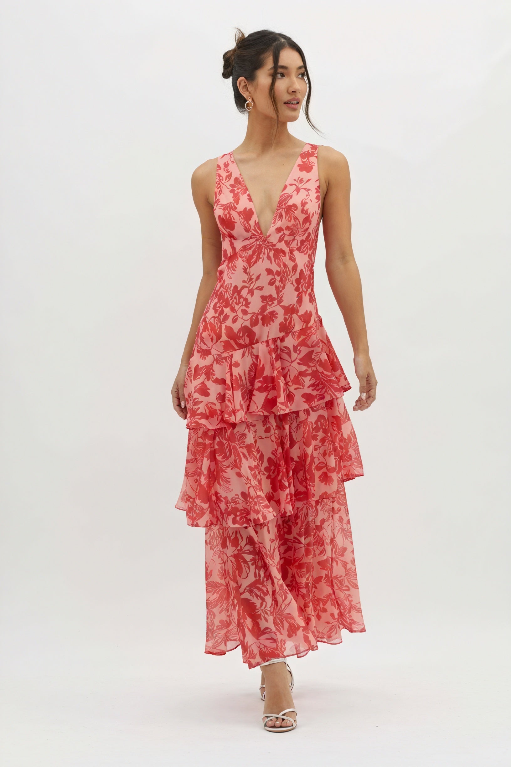 Dress with Floral Print and Deep V-Neck
