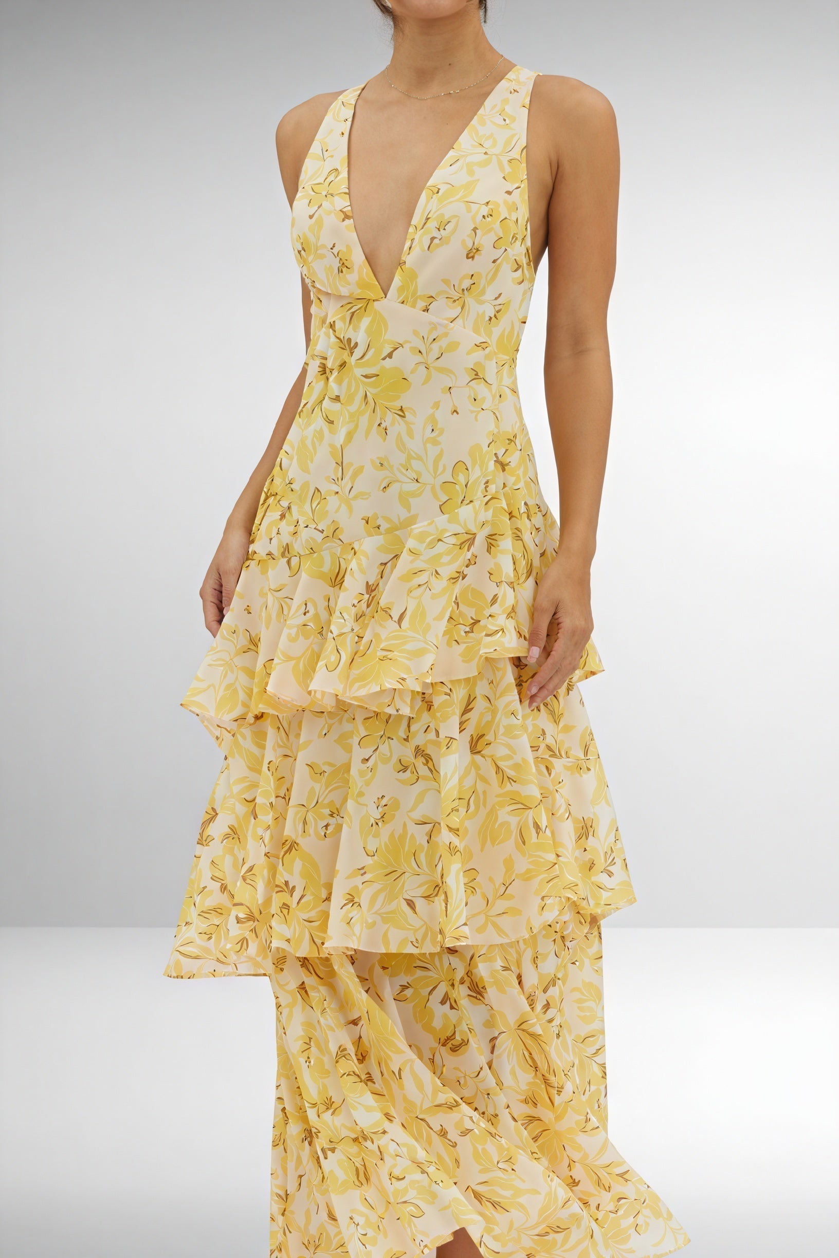 Dress with Floral Print and Deep V-Neck