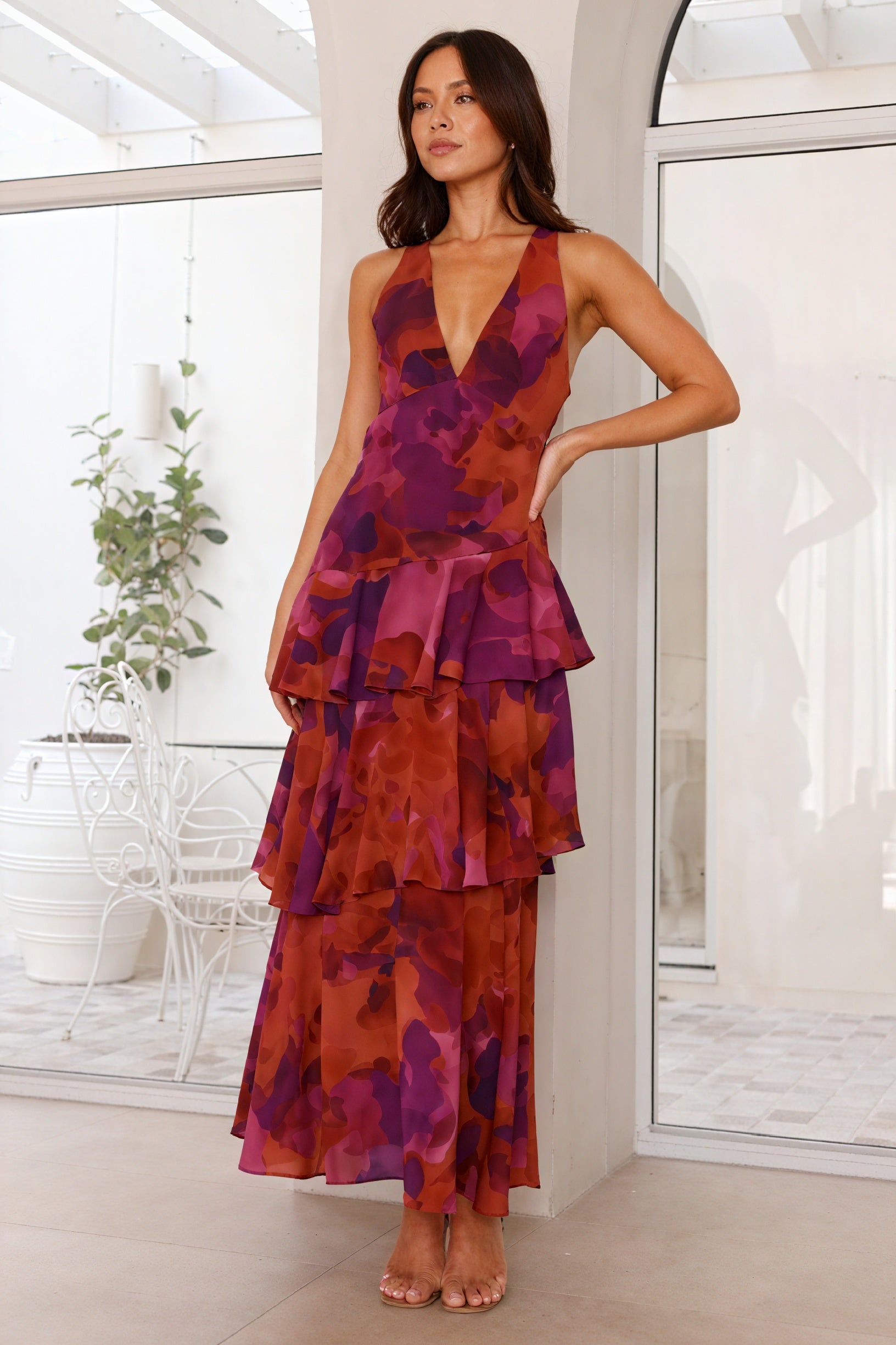 Dress with Floral Print and Deep V-Neck