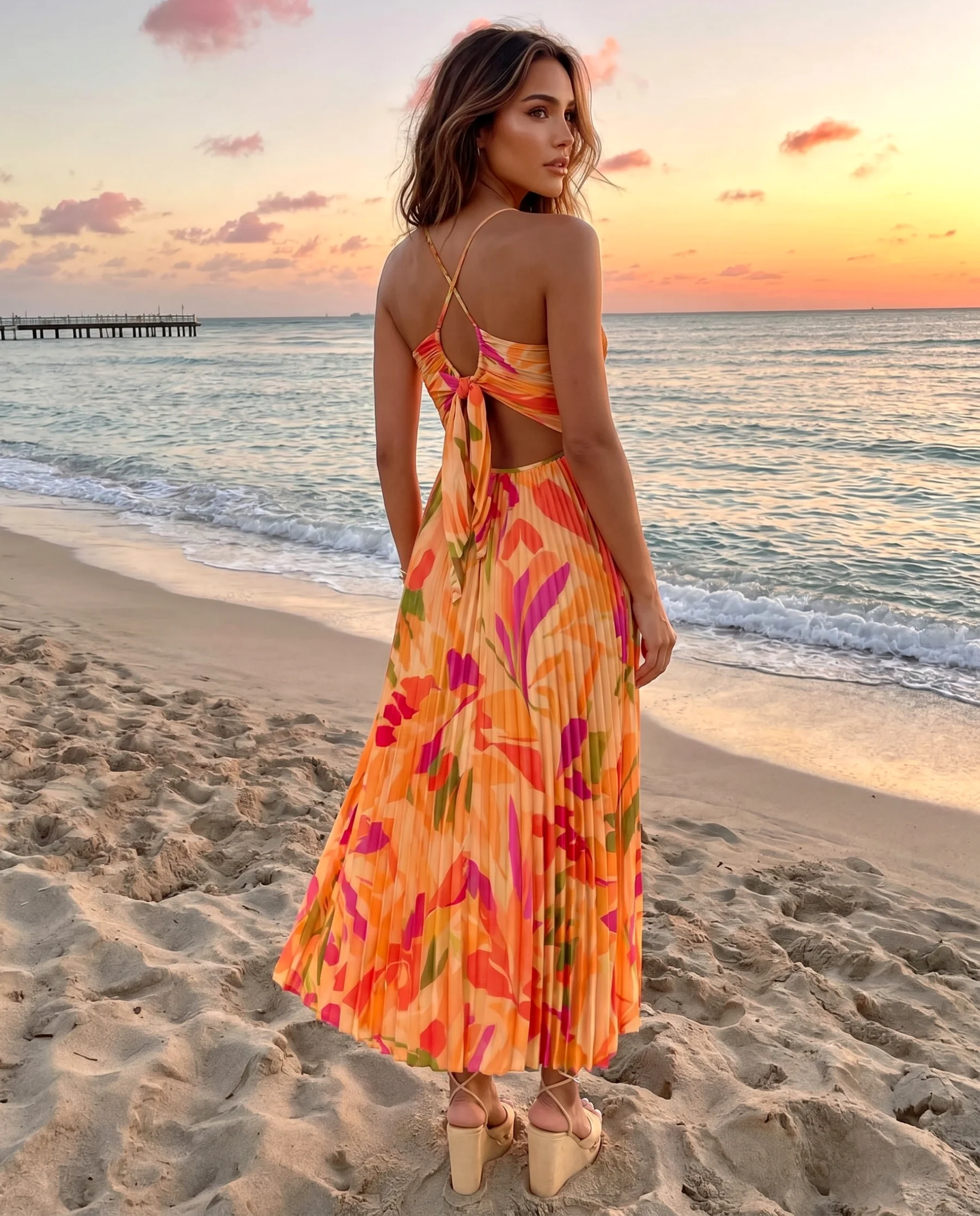 Madison™ | Tropical Print Pleated Midi Dress