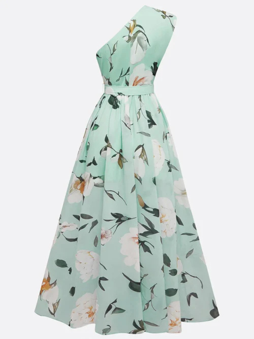 Eleanora™ | Floral Asymmetrical Shoulder Chiffon Maxi Dress