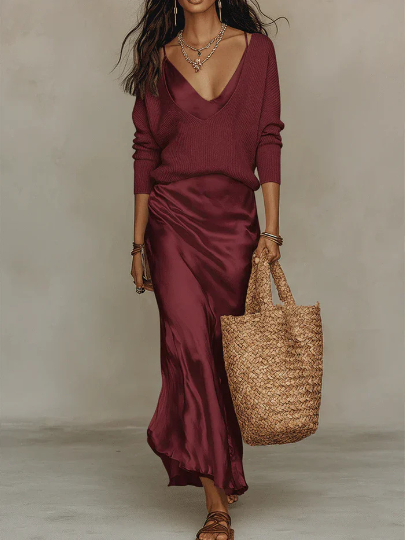 Elena - Midi Satin Dress with Included Sweater