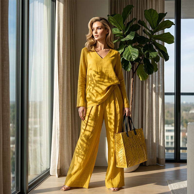 Amber | Women's V-Neck Lounge Set with Wide-Leg Pants