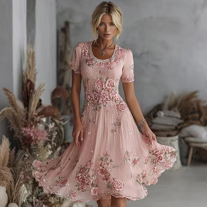 Women's Vintage Floral Art Pattern Crew Neck Short Sleeve Linen Maxi Dress