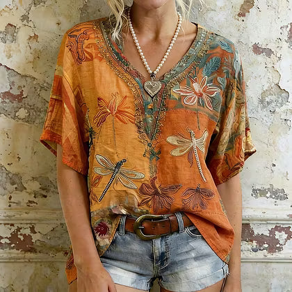 Women's Dragonfly And Floral Art Flowy Linen Blend Short Sleeve Tops