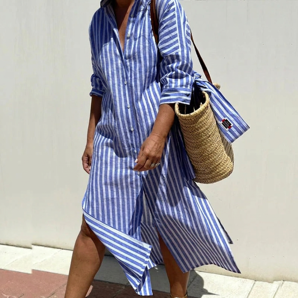 Harlow | Women's Linen Button-Down Stripe Shirt Dress