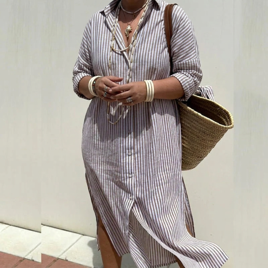 Harlow | Women's Linen Button-Down Stripe Shirt Dress