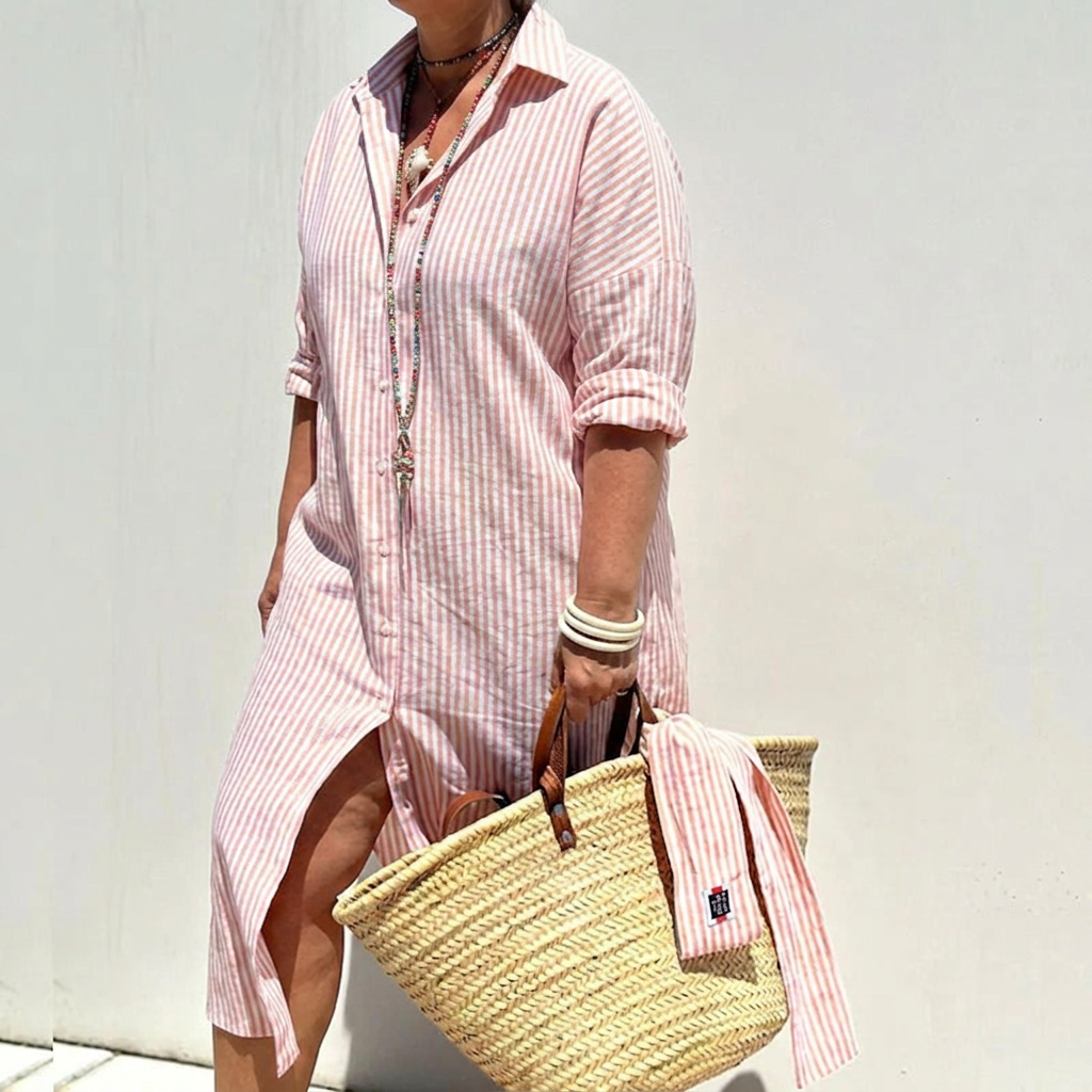 Harlow | Women's Linen Button-Down Stripe Shirt Dress