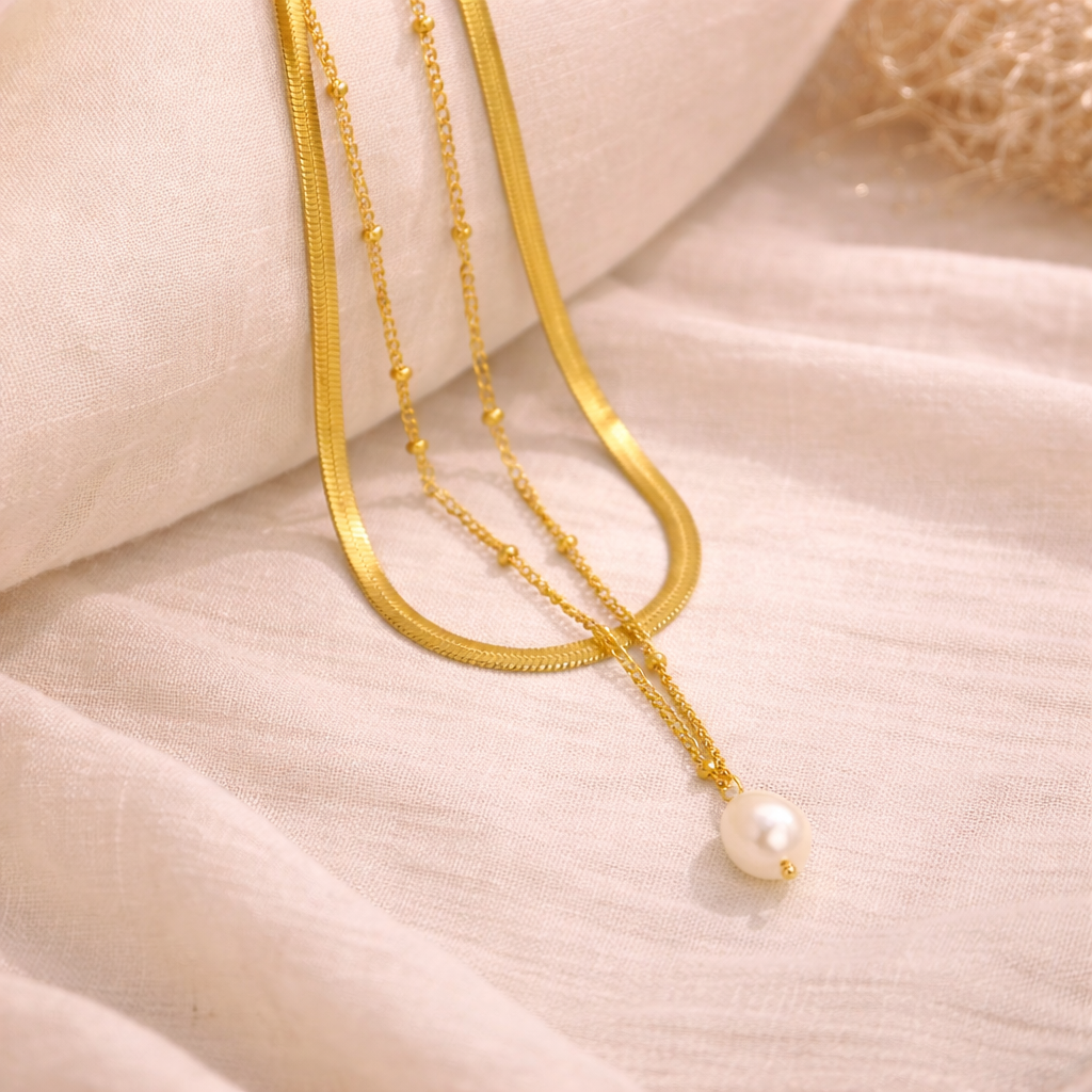 Pure Essence- Pearl Double Layer Gold Necklace