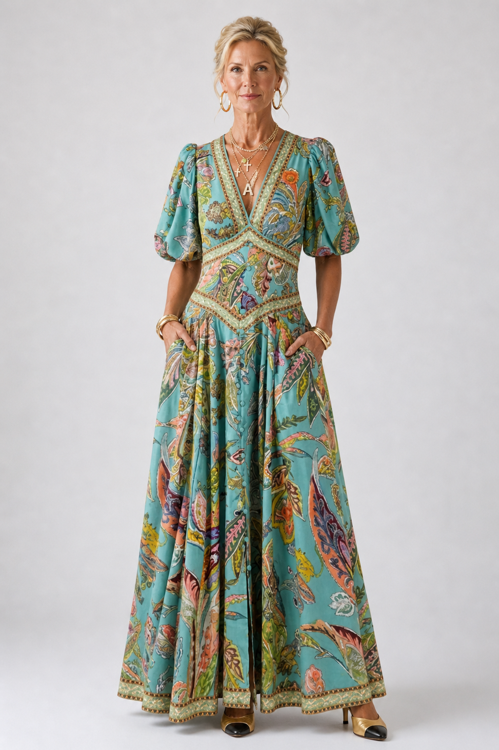 Amelia™ | Airy maxi dress with puff sleeves and V-neck