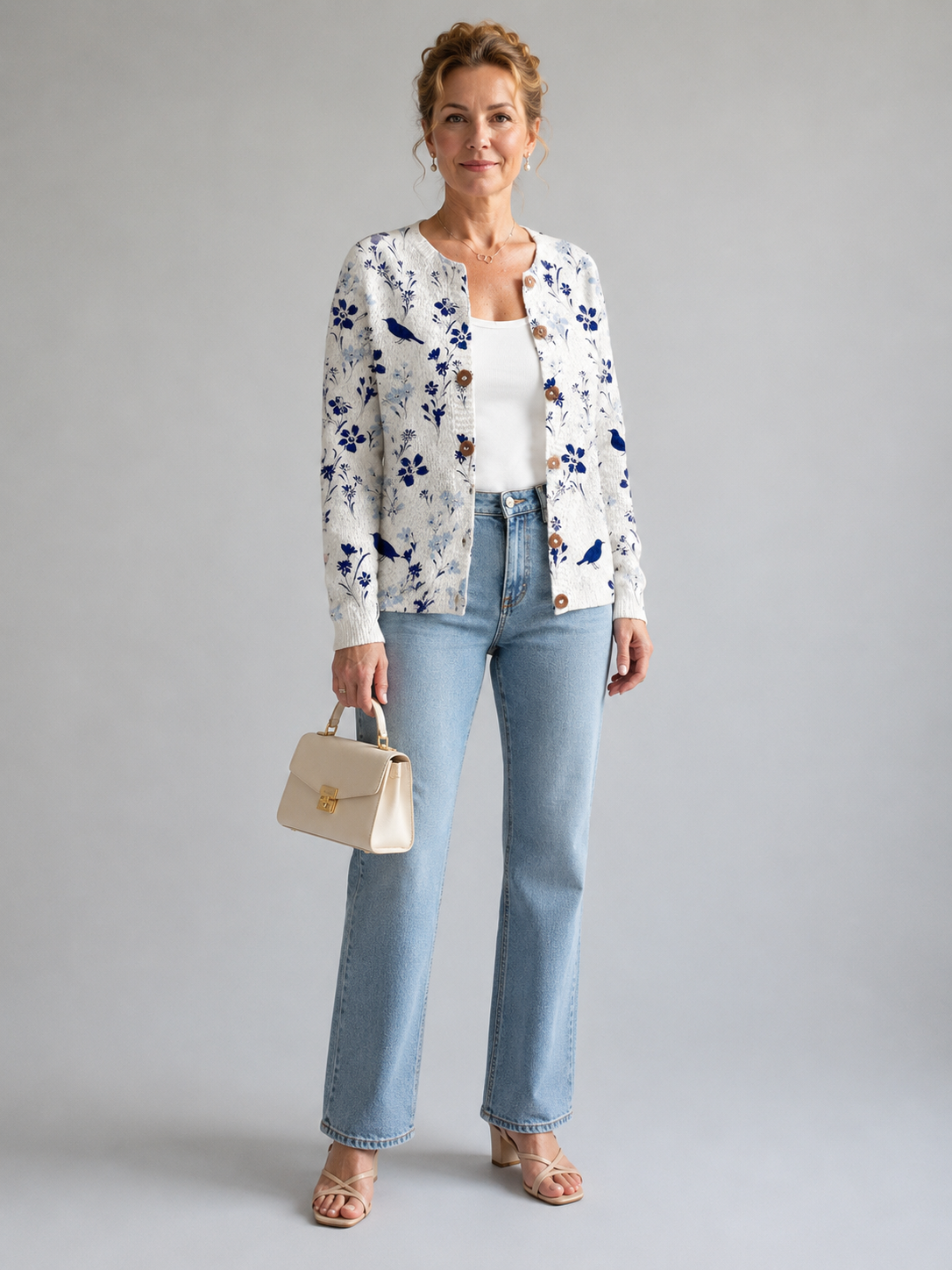 Vynora™ | Vintage Floral Bird Print Button-Front Cardigan Sweater