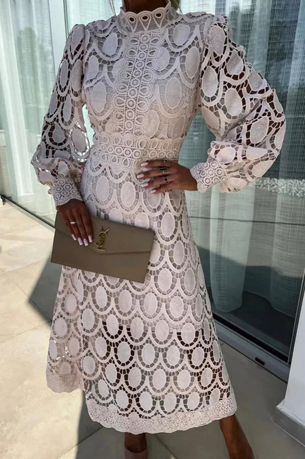 Elisanna | Luxe Lace High‑Neck Midi Dress