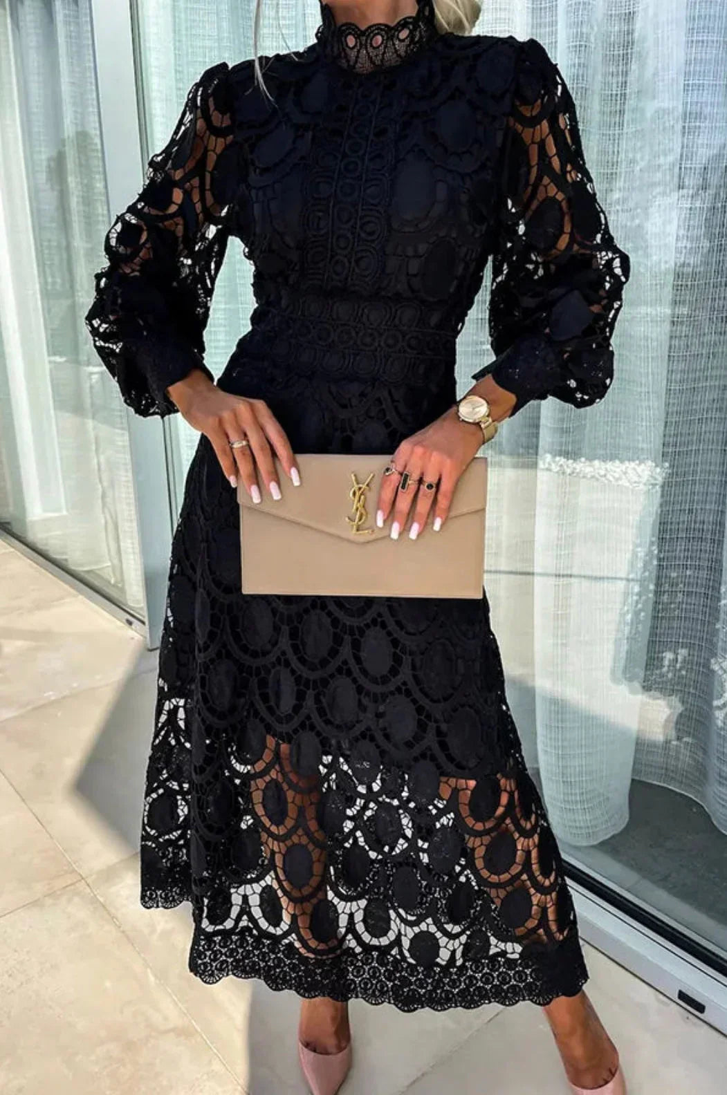 Elisanna | Luxe Lace High‑Neck Midi Dress
