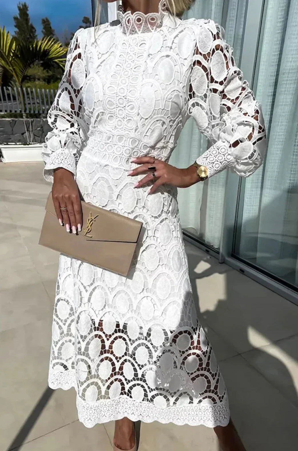 Elisanna | Luxe Lace High‑Neck Midi Dress