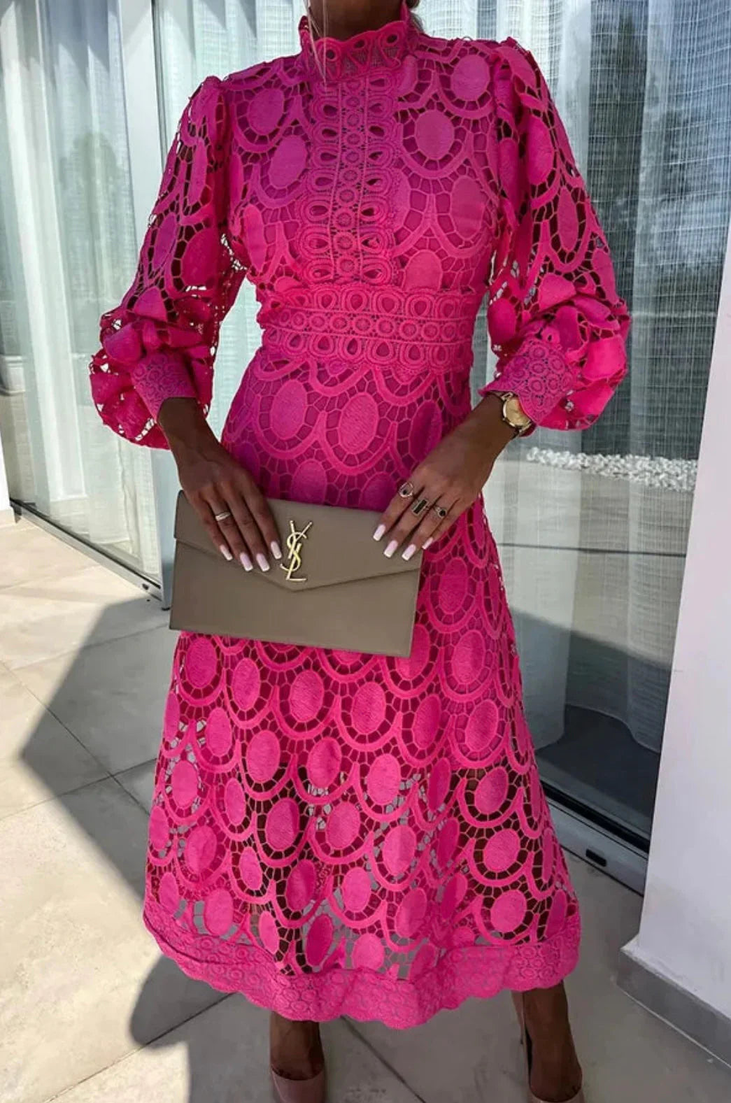 Elisanna | Luxe Lace High‑Neck Midi Dress