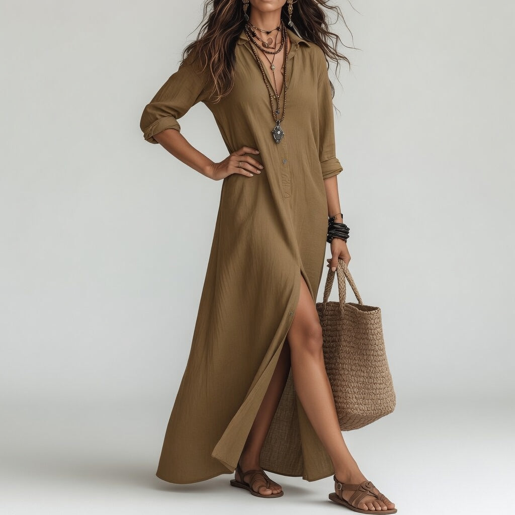 Violaine™ — Long Bohemian Shirt Dress of Natural Elegance