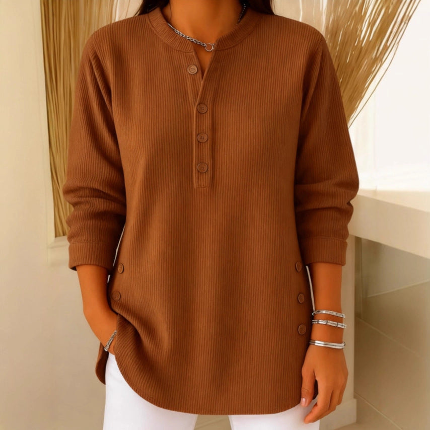 Avenelle- Casual Ribbed Long Sleeve Henley Top
