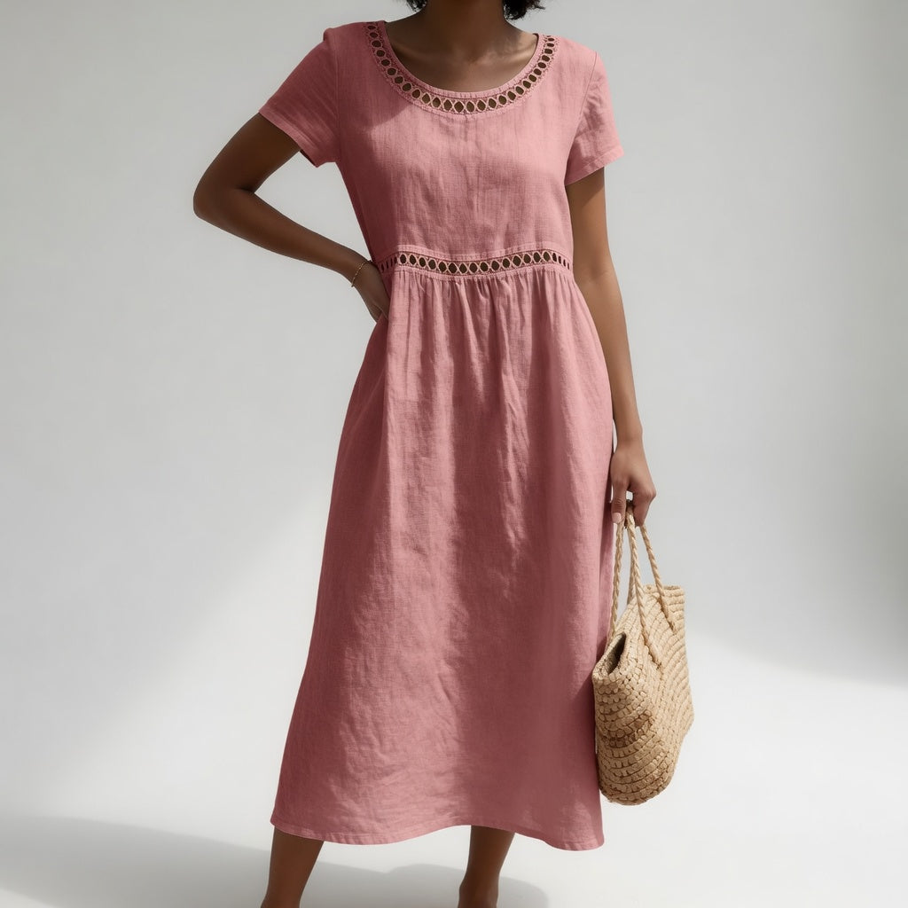 Pernelle™ — Mid-Length Dress 100% Cotton Embroidered with Soft Femininity