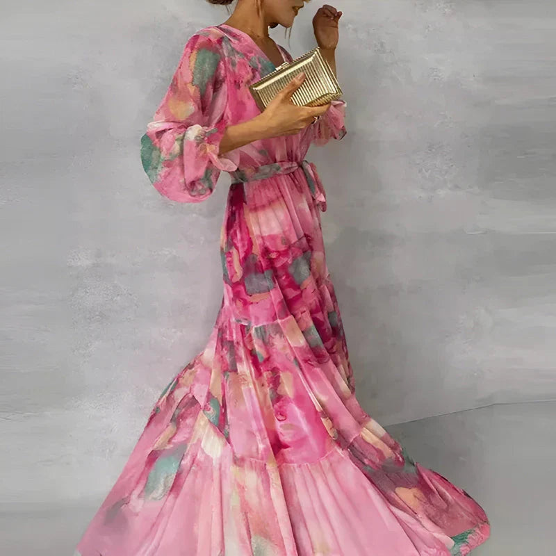 LUCIA | Long Summer Dress with Floral Pattern and Adjustable Silhouette