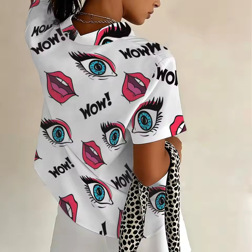 Mouth Print & Short Sleeves Blouse