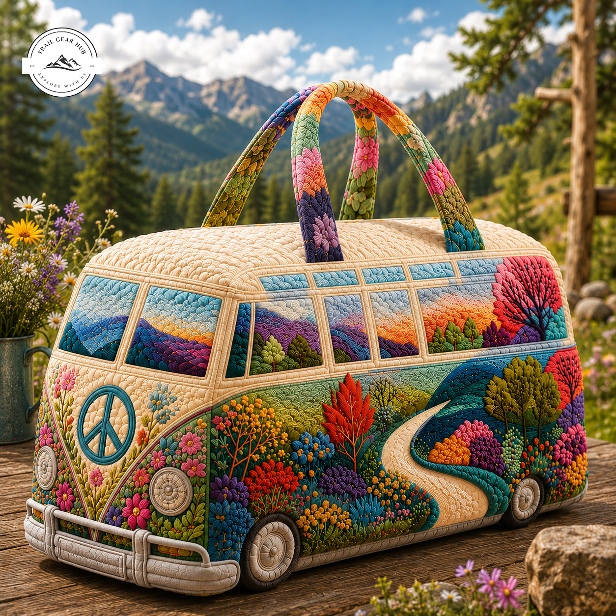 Colorful Mountain Camper Van Personalized Quilted Duffle Bag TG07