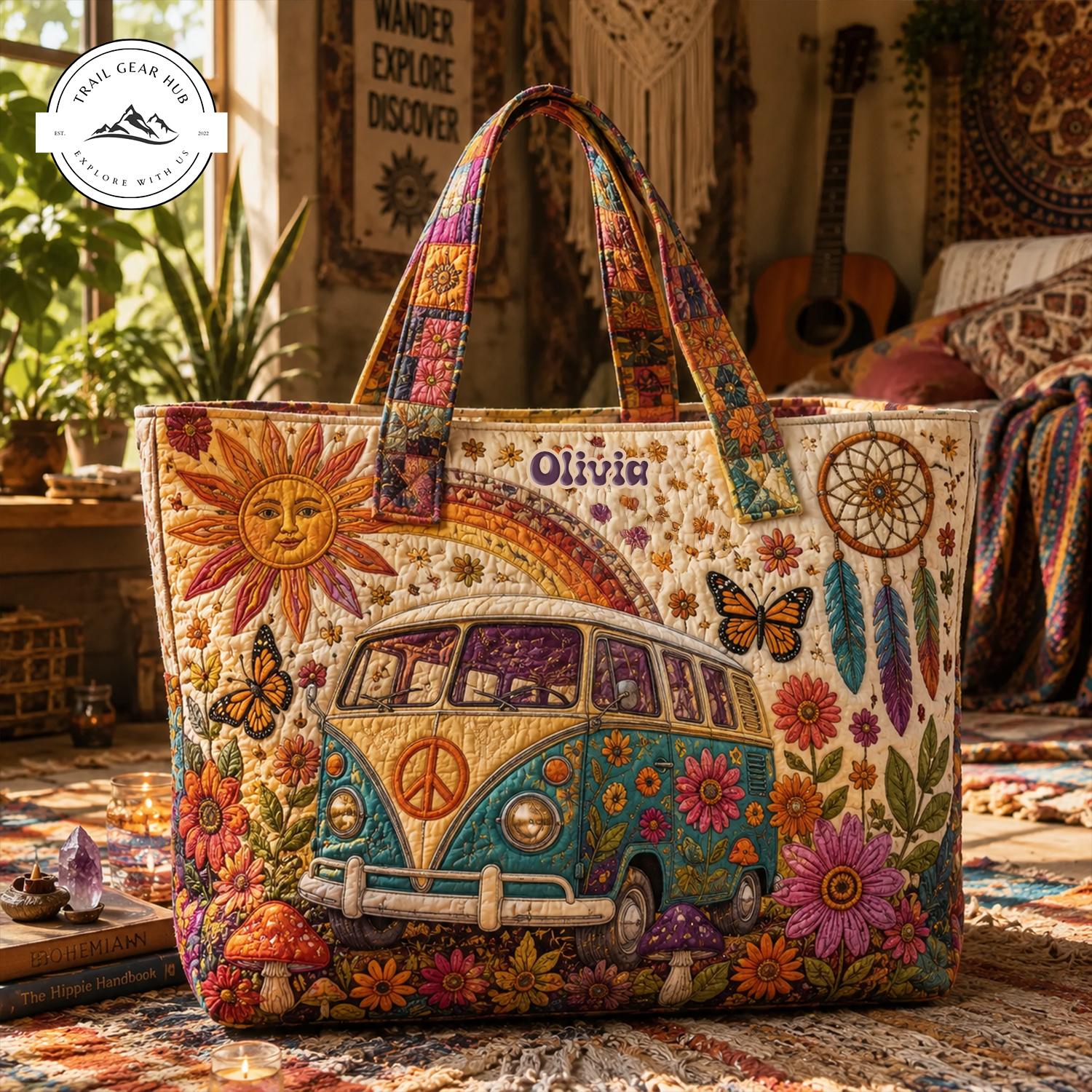Hippie Camper Van Personalized Quilted Tote Bag TP02