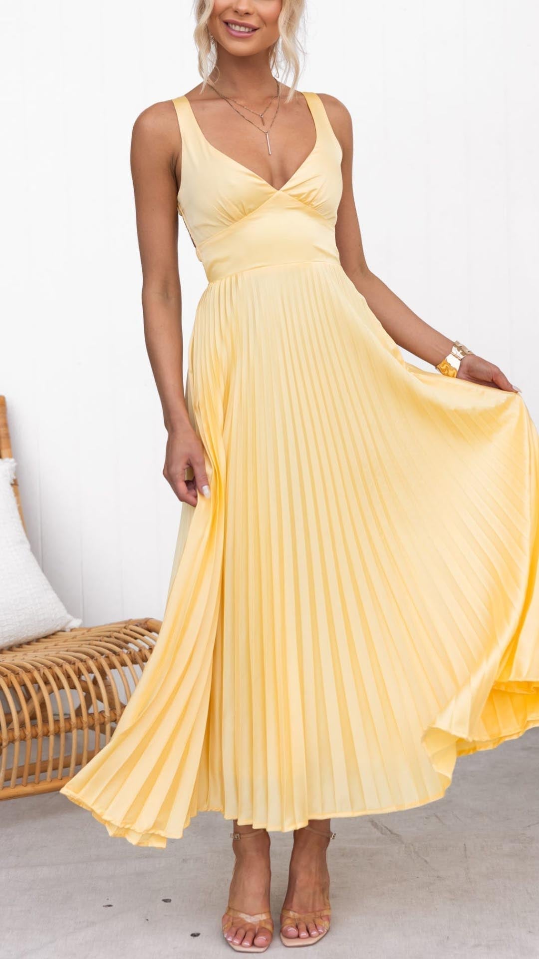 MALKA™ | Pleated V-Neck Maxi Dress