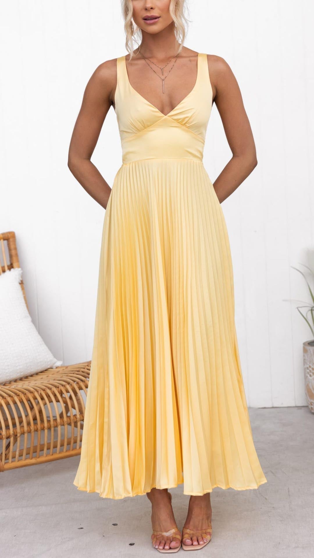 MALKA™ | Pleated V-Neck Maxi Dress