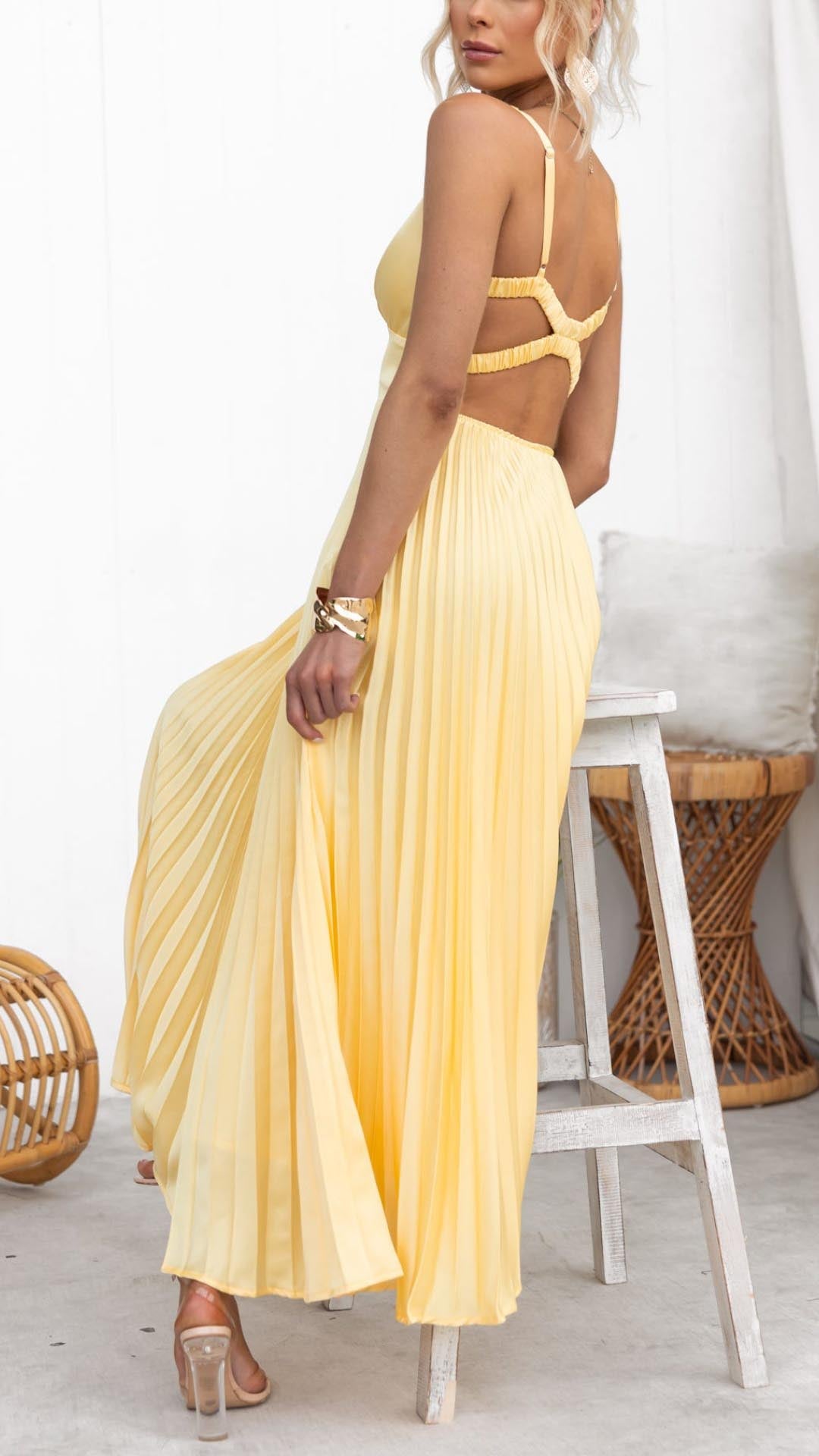 MALKA™ | Pleated V-Neck Maxi Dress
