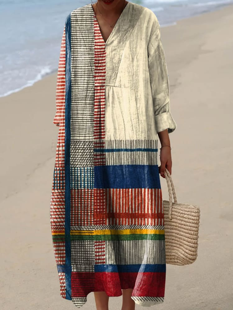 Lara | Retro Geometric Line Art Print Summer Maxi Dress