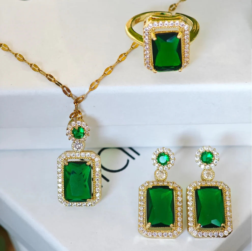 Dianna™ | Emerald Necklace, Earrings & Ring Set
