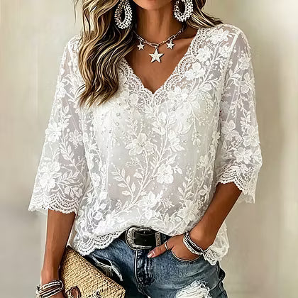 Women's Vintage White Floral And Lace Casual V-neck Short Sleeve Top